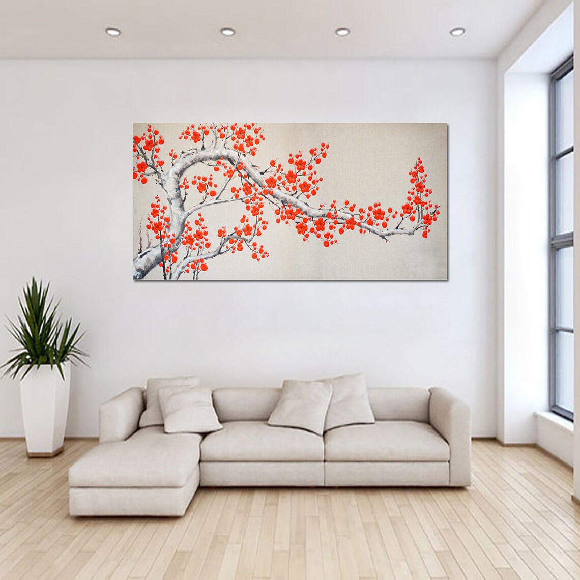 Red Plum Blossom Branch On Cream Background Asian Style Poster - Image 4