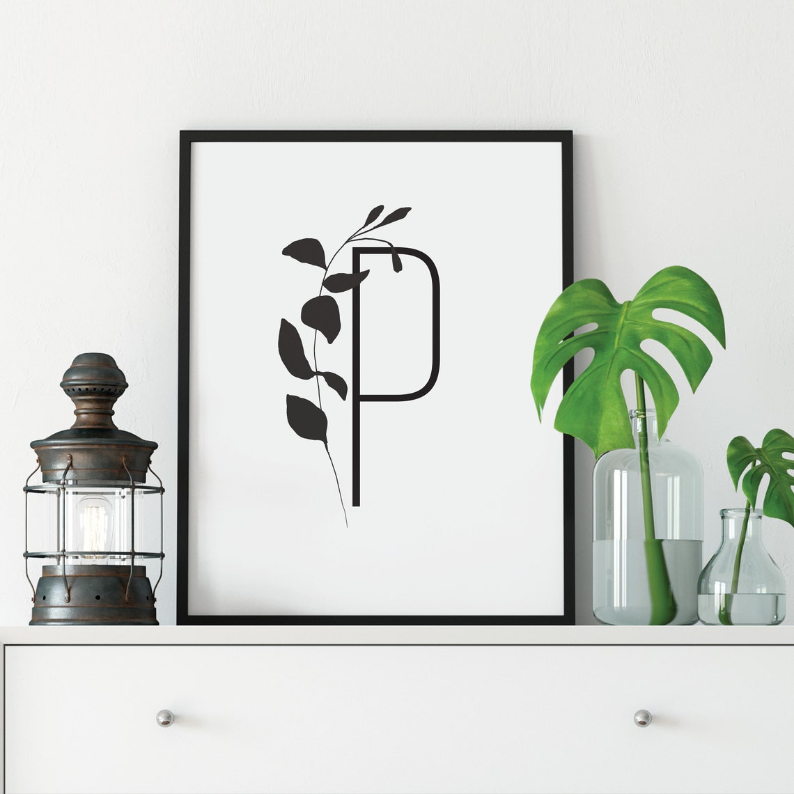 Monogram Letter P Black Eucalyptus Botanical Initial Framed Print