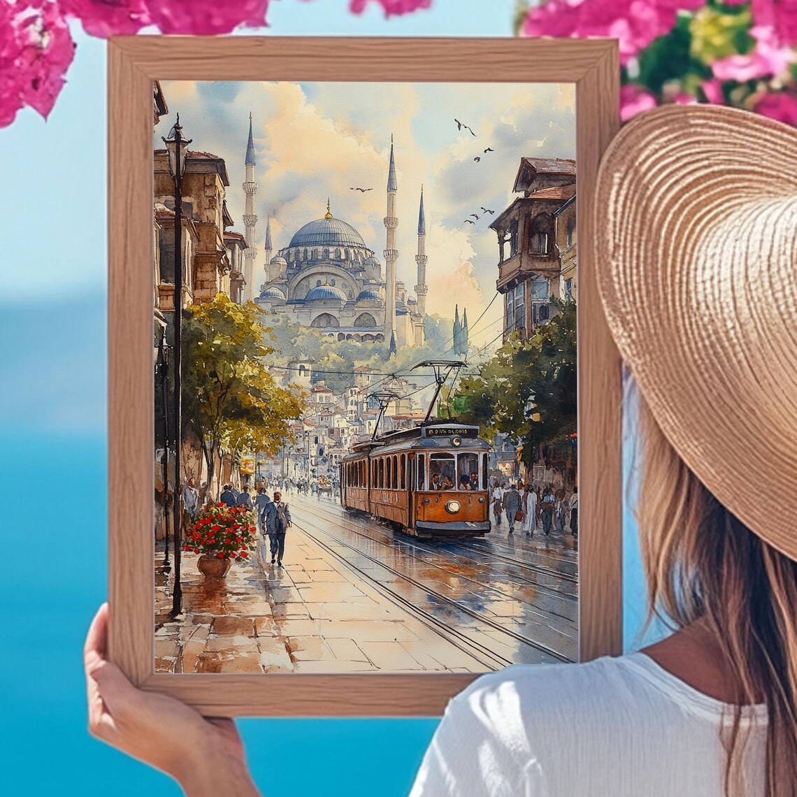 Istanbul Blue Mosque Tram Street Turkey Travel Watercolor Art Poster
