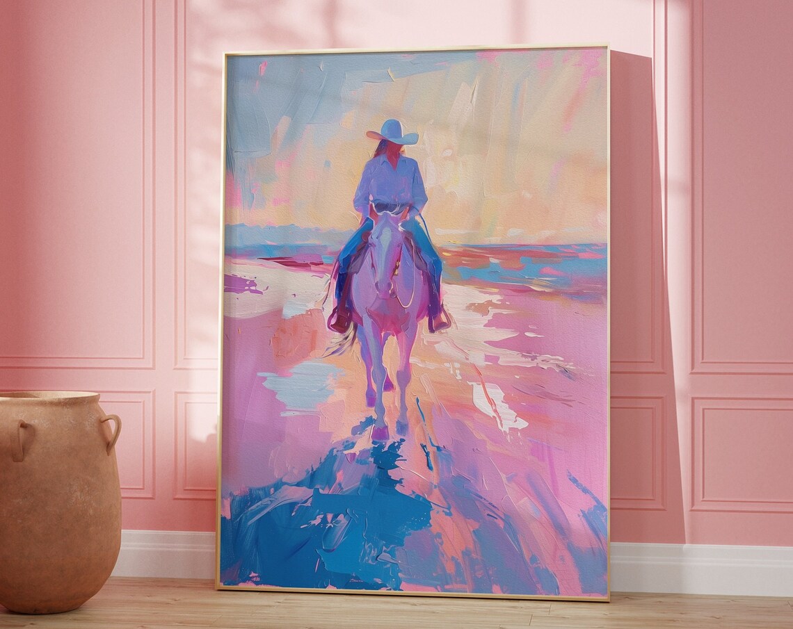 Pastel Cowgirl Riding Toward the Ocean at Sunset Painting Poster