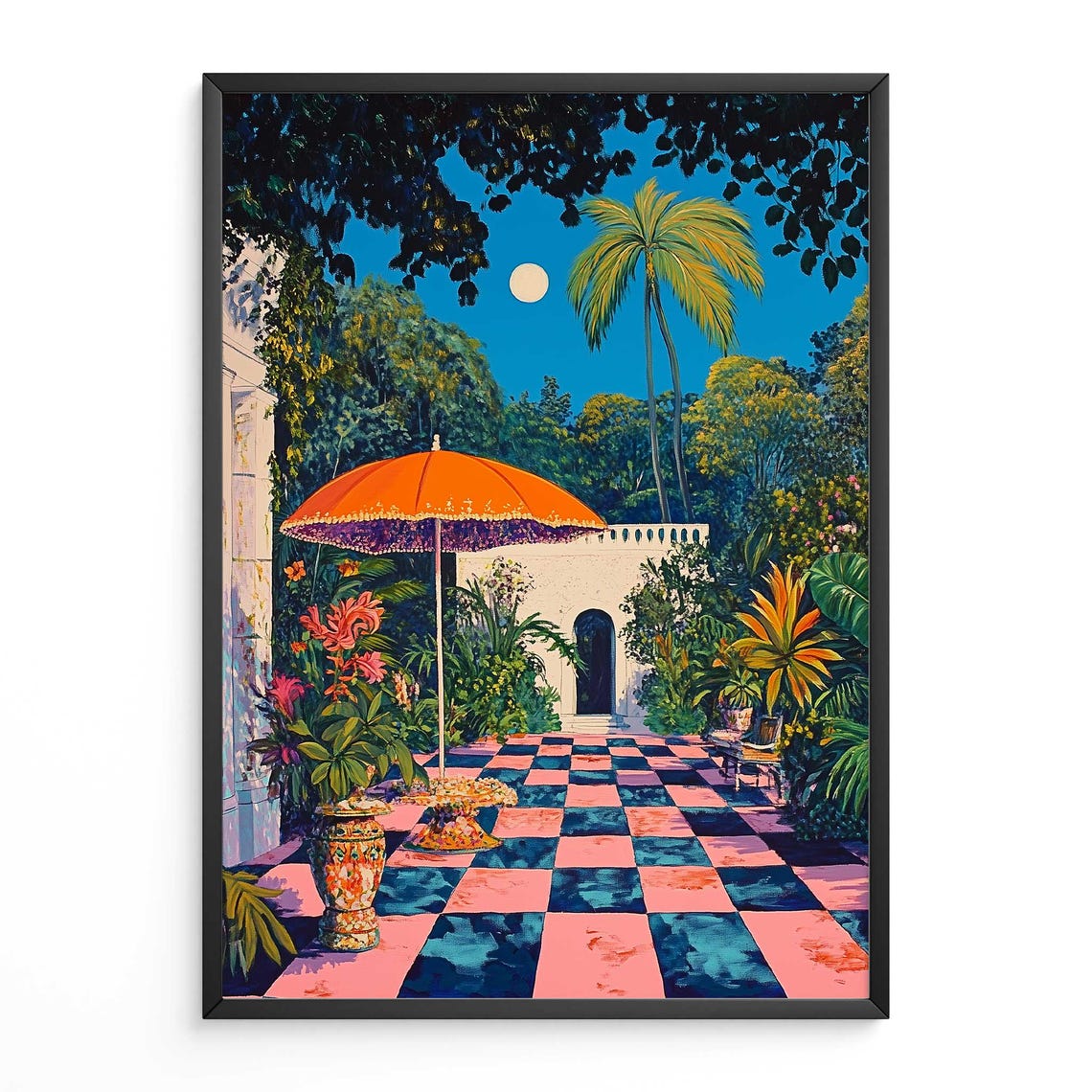 Tropical Villa Garden Print Pink Checkerboard Patio Wall Art