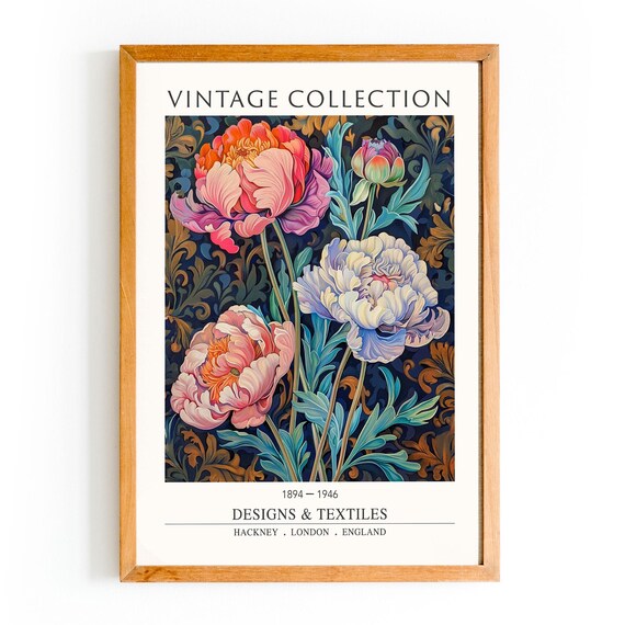 Vintage Coral Peony Dark Damask Floral Botanical Artwork Poster