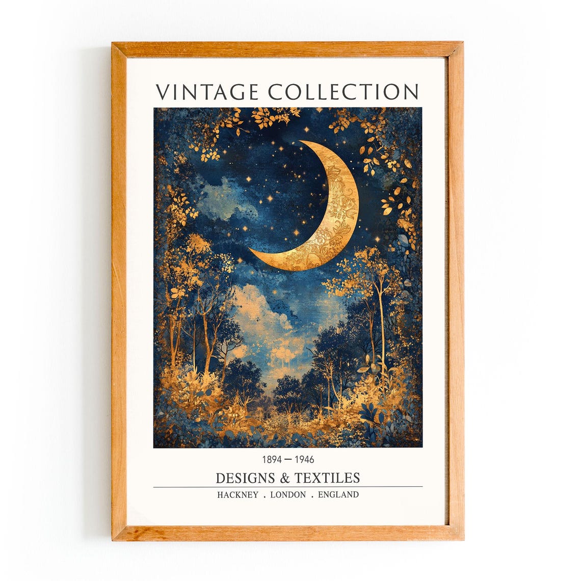 Vintage Golden Crescent Moon Forest Starry Night Sky Art Poster