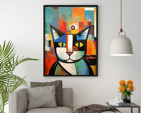 Cubist Cat Portrait In Bold Primary Colors Modern Abstract Poster