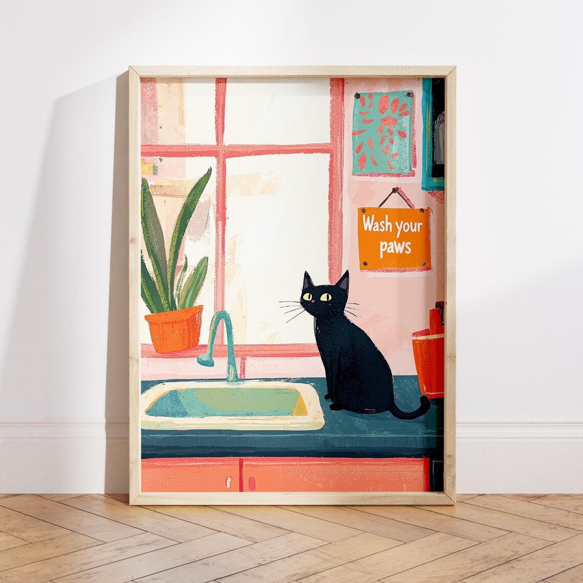 Wash Your Paws Funny Cat Bathroom Decor Poster