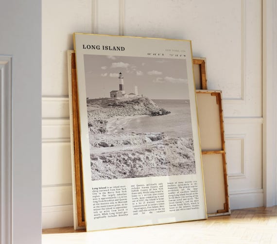 Long Island Vintage Poster Monochrome Montauk Lighthouse Print Coastal New York