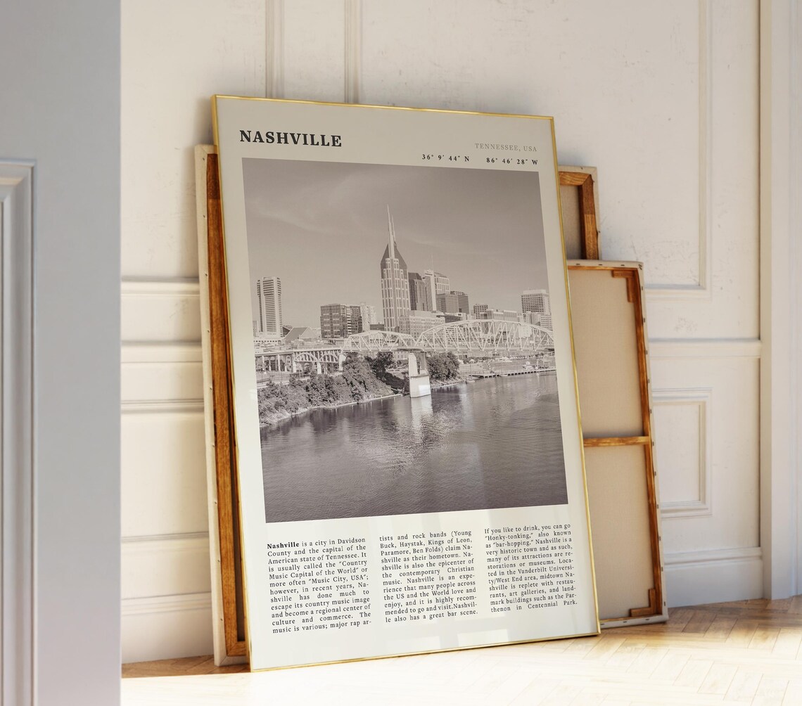 Nashville Tennessee Black and White Music City Skyline Travel Poster