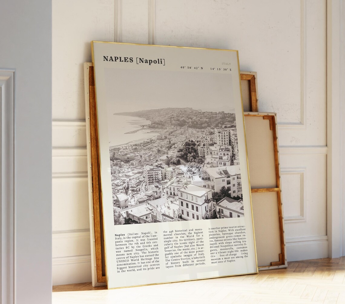 Naples Italy Coastal City Vintage Black White Aerial View Poster