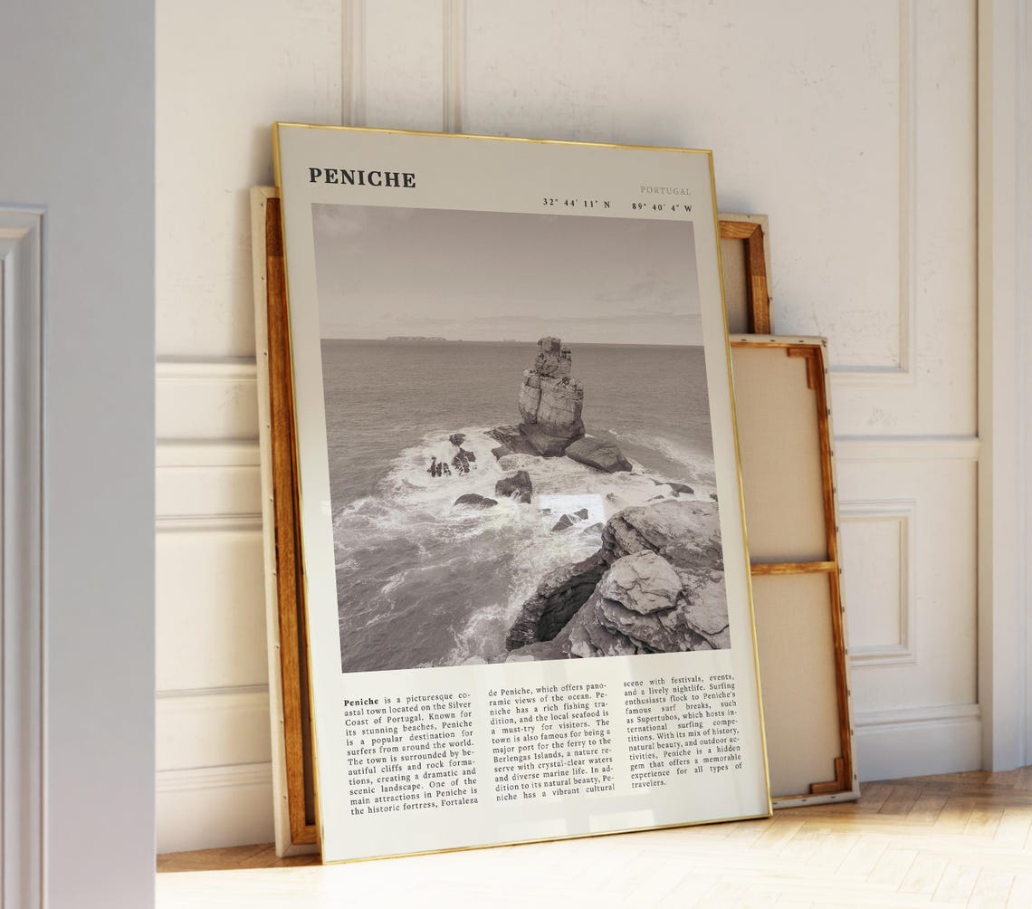 Peniche Black White Poster Portugal Coastal Wall Art Print Idea For Surf And Travel Lovers