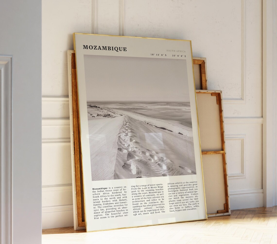 Mozambique Black White Coastal Dunes Travel Poster with Map Coordinates