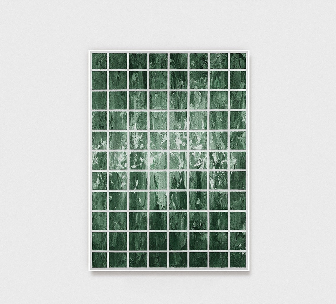 Emerald Green Mosaic Grid Tile Abstract Geometric Art Poster - Image 3