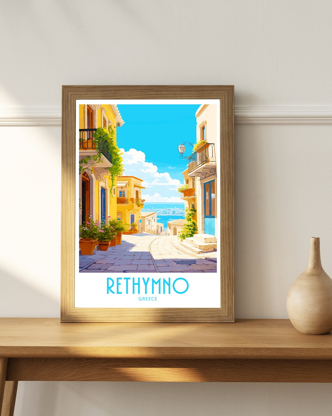 Rethymno Greece Old Town Cobblestone Street Sea View Alleyway Poster - Image 4