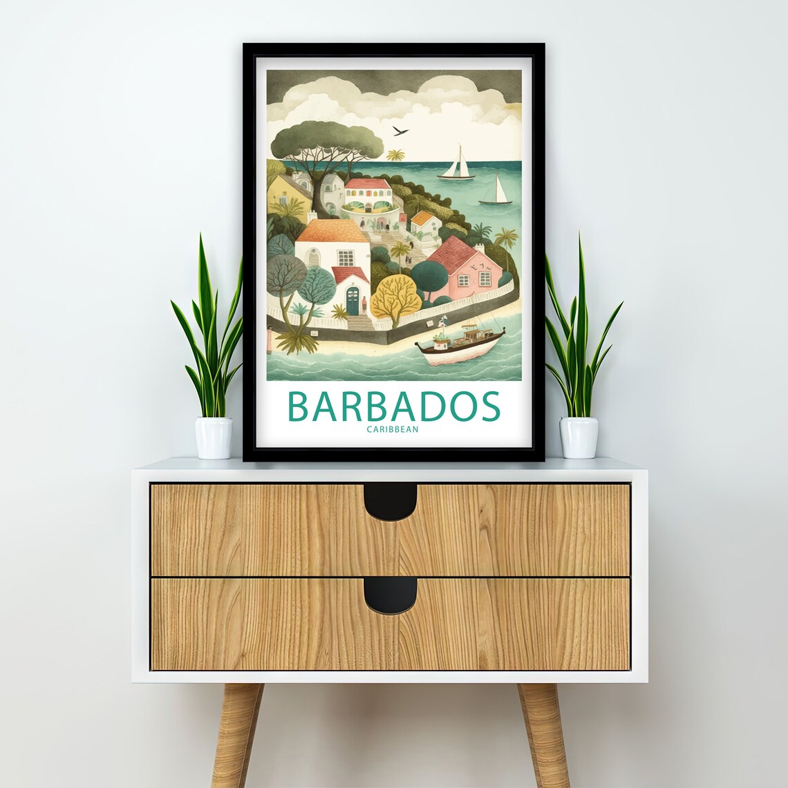 Barbados Caribbean Whimsical Seaside Village With Boats Travel Poster - Image 2
