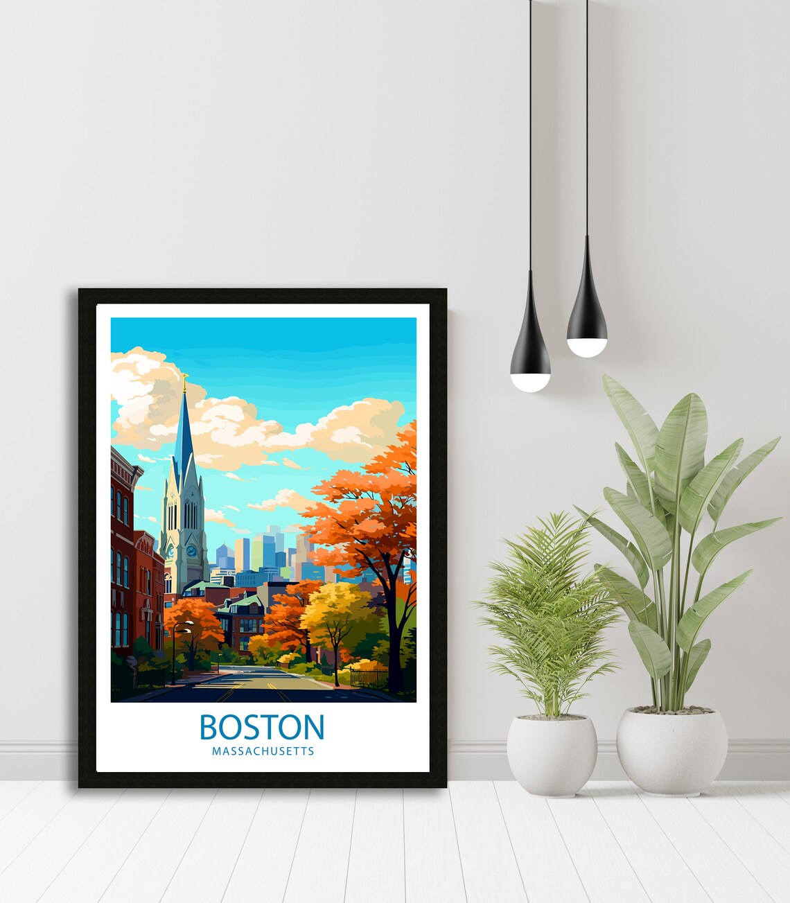 Boston Massachusetts Historic Church Spire Autumn Street Travel Poster - Image 4