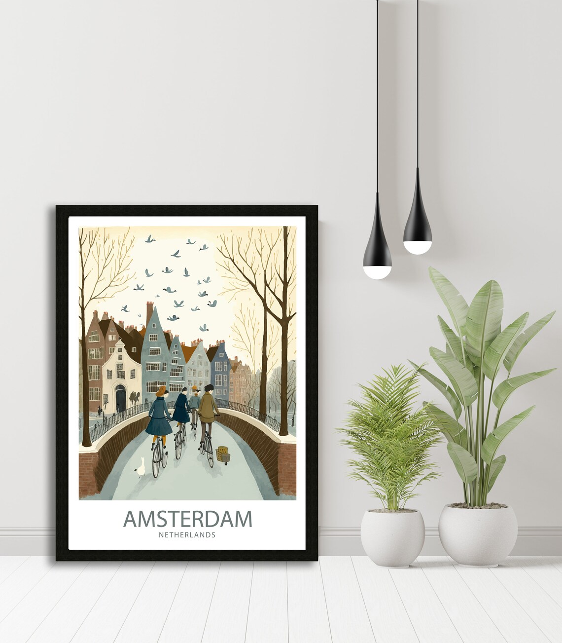 Amsterdam Netherlands Winter Canal Bridge Cyclists Art Poster - Image 4