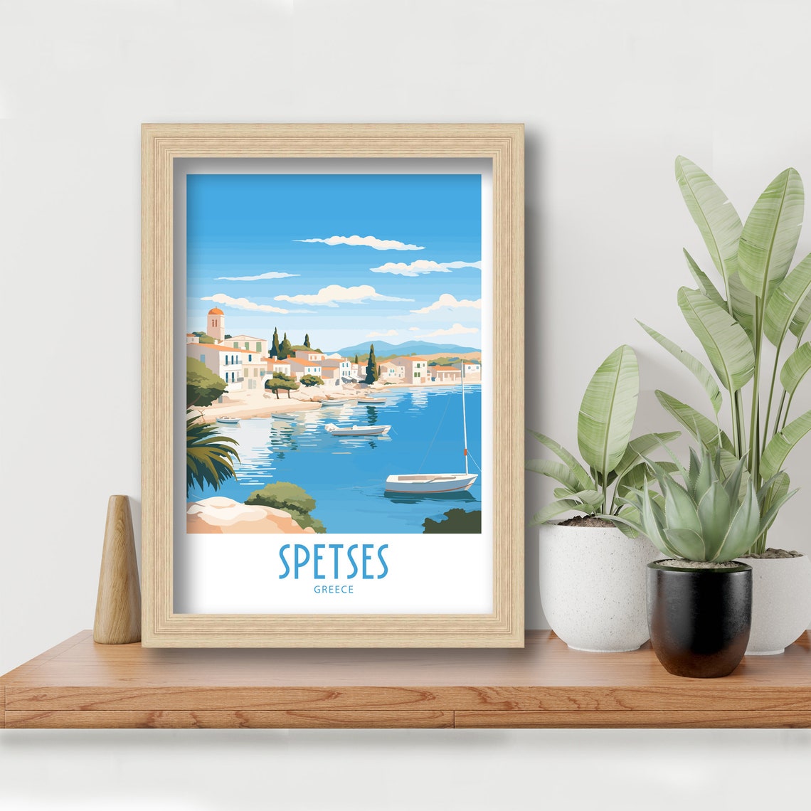 Spetses Greece Harbor Sailboats Bell Tower Retro Travel Poster - Image 6