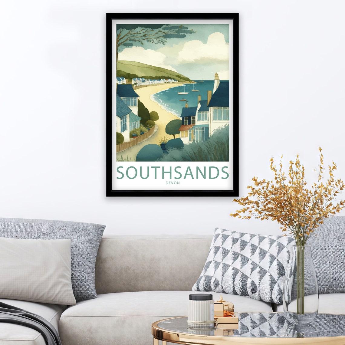 South Sands Devon Watercolor Seaside Village Sandy Beach Cove Poster - Image 3