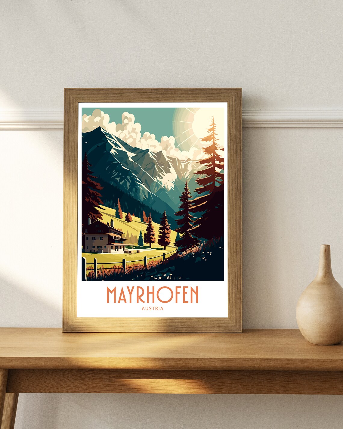 Mayrhofen Austria Alpine Mountain Chalet Pines Vintage Art Poster - Image 4