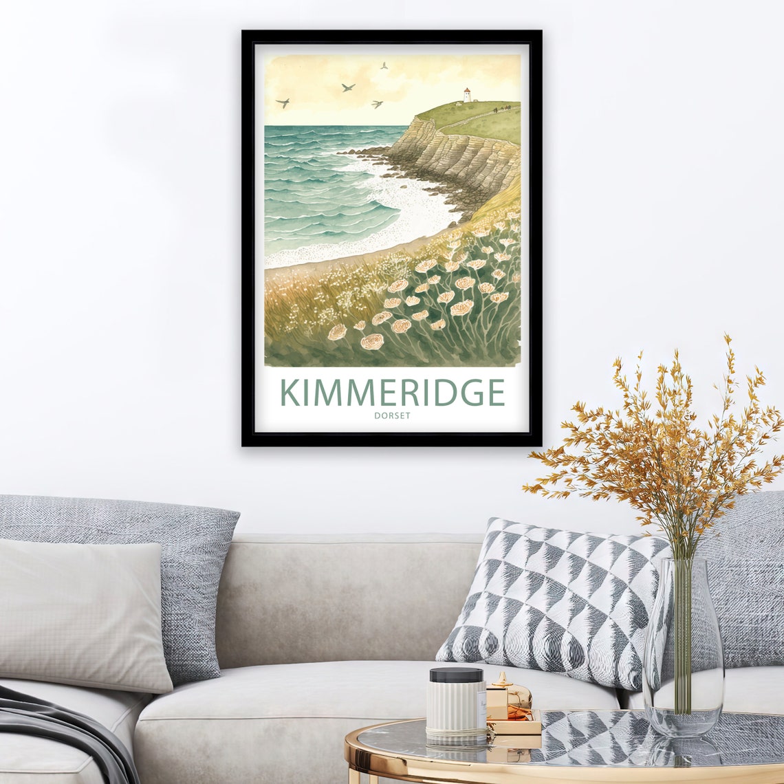 Kimmeridge Bay Dorset Cliffs Watercolor Lighthouse Wildflower Poster - Image 3