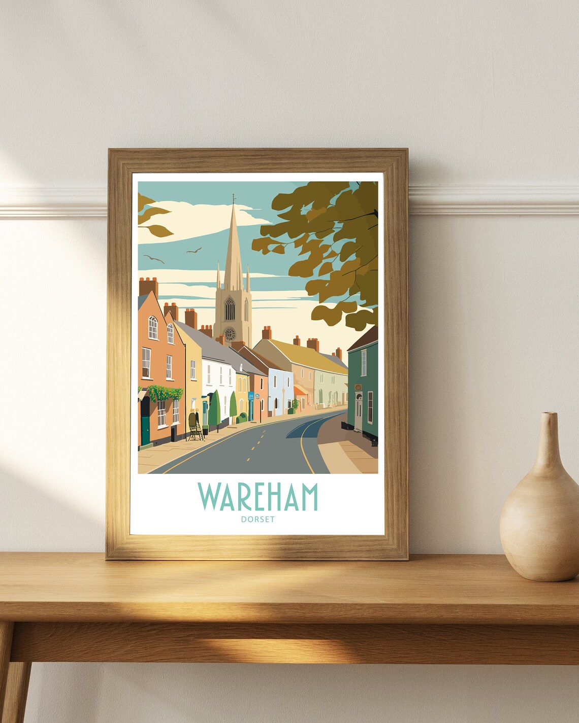 Wareham Dorset Historic High Street Church Spire Retro Art Poster - Image 5