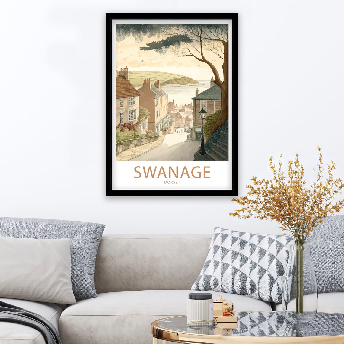 Swanage Dorset Hillside Street Harbor View Watercolor Art Poster - Image 3