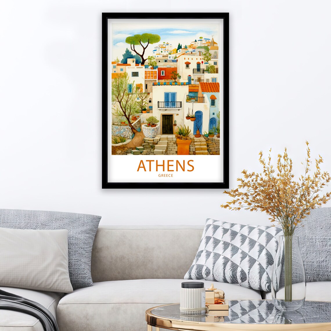 Athens Greece White Washed Old Town Houses Watercolor Art Poster - Image 3