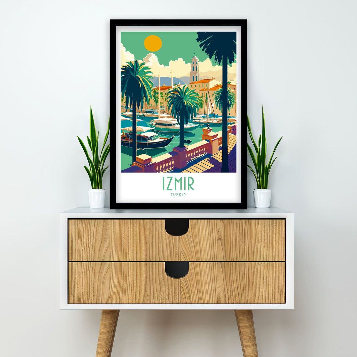 Izmir Turkey Marina Palms Clock Tower View Vintage Travel Poster - Image 2