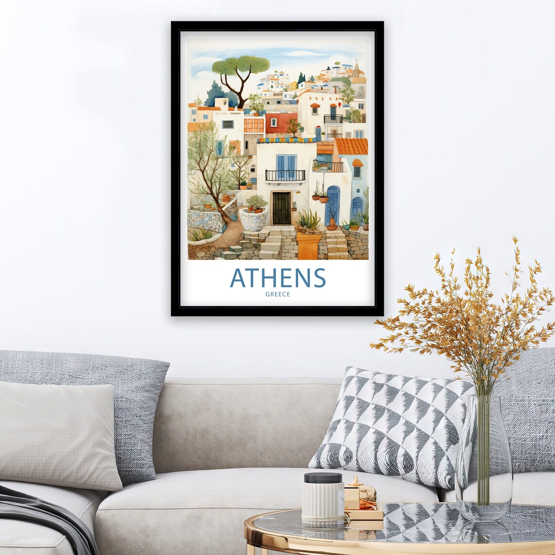 Athens Greece Whitewashed Village Lane Watercolor Travel Poster - Image 3