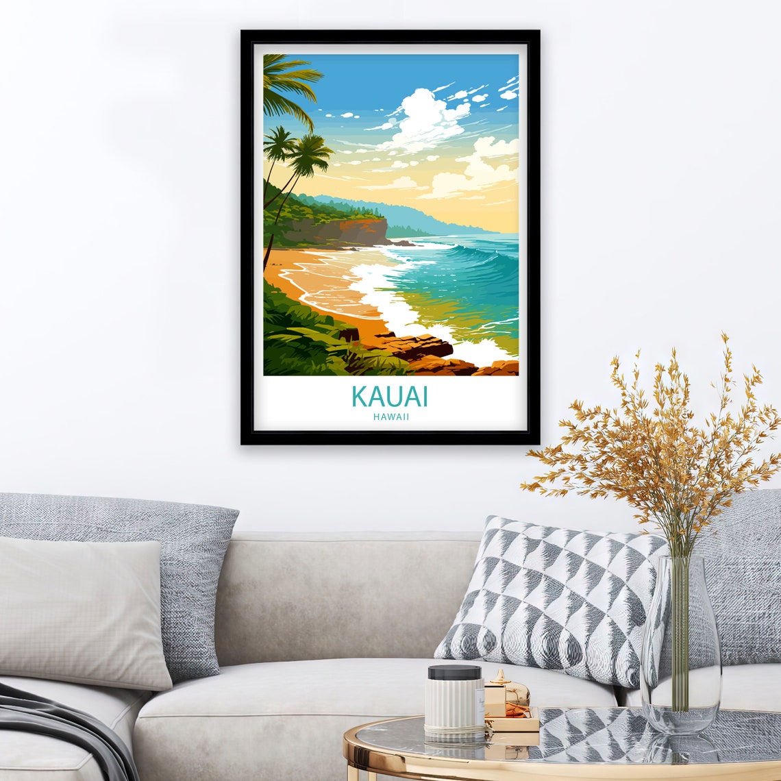 Kauai Hawaii Palm Framed Golden Beach Cliff Sunset Art Poster - Image 2