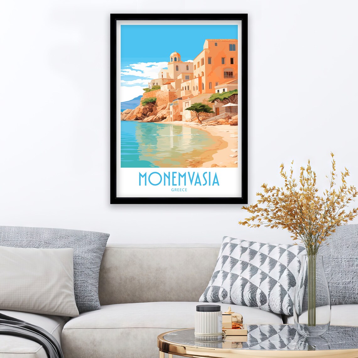 Monemvasia Greece Medieval Coastal Cliff Town Sea Cove Travel Poster - Image 3