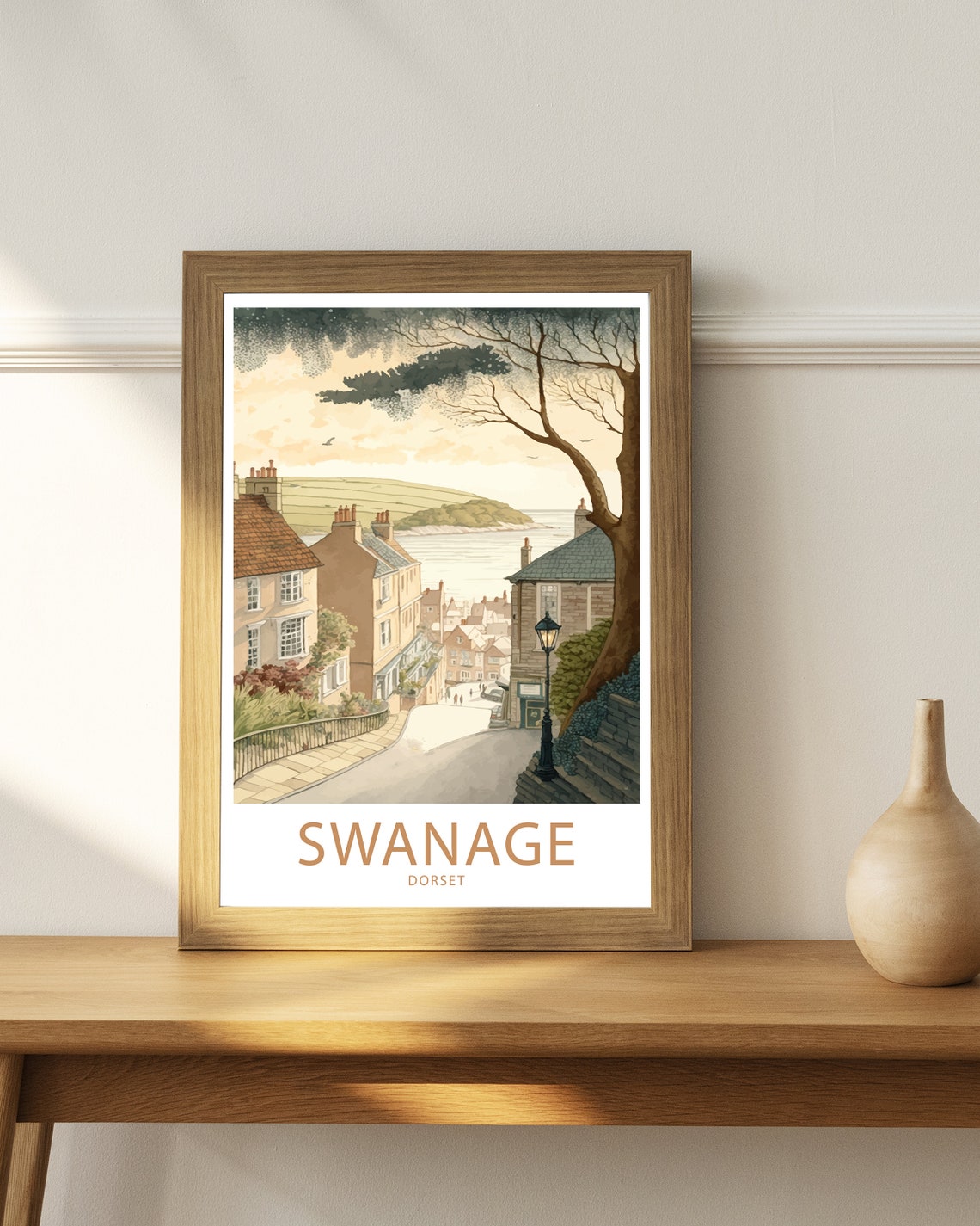Swanage Dorset Hillside Street Harbor View Watercolor Art Poster - Image 4