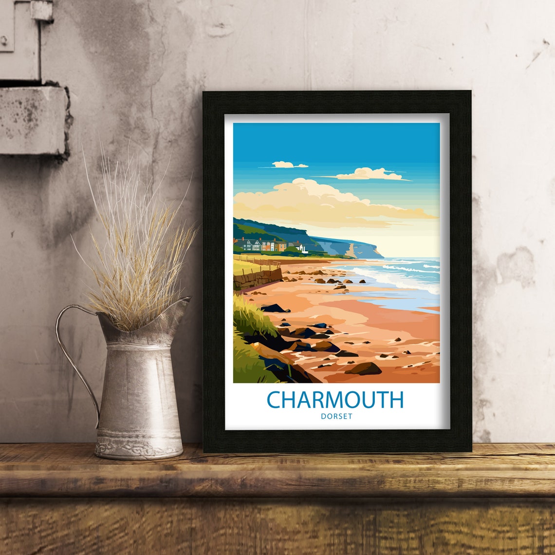 Charmouth Dorset Pebble Beach Rocky Shore Cliffs Coastal Art Poster - Image 6