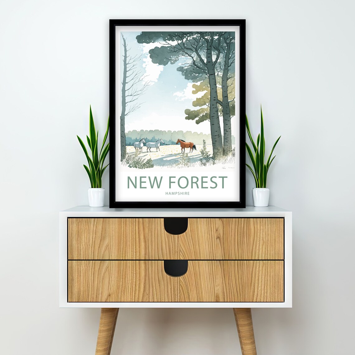 New Forest Hampshire Horses Woodland Watercolor Nature Scene Poster - Image 2
