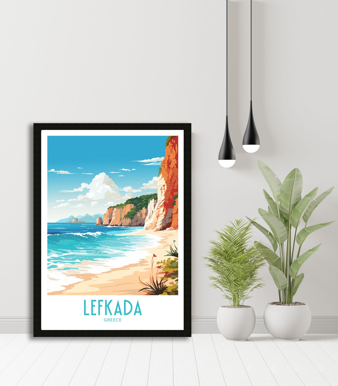 Lefkada Greece Red Cliffs Golden Sandy Beach Retro Travel Poster - Image 5