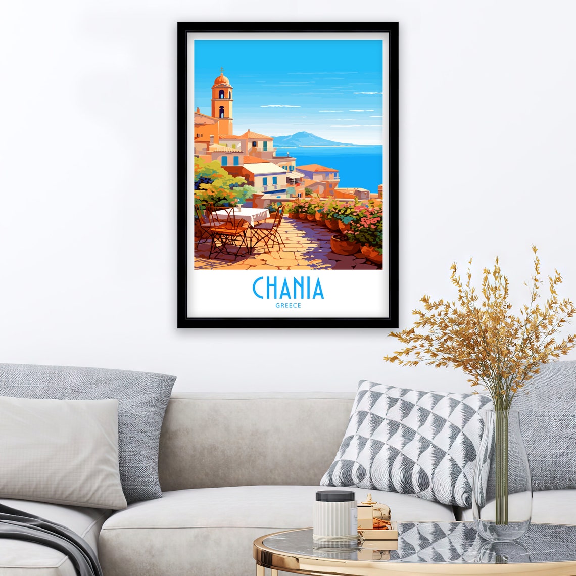 Chania Greece Seafront Terrace Mountain View Church Tower Art Poster - Image 3