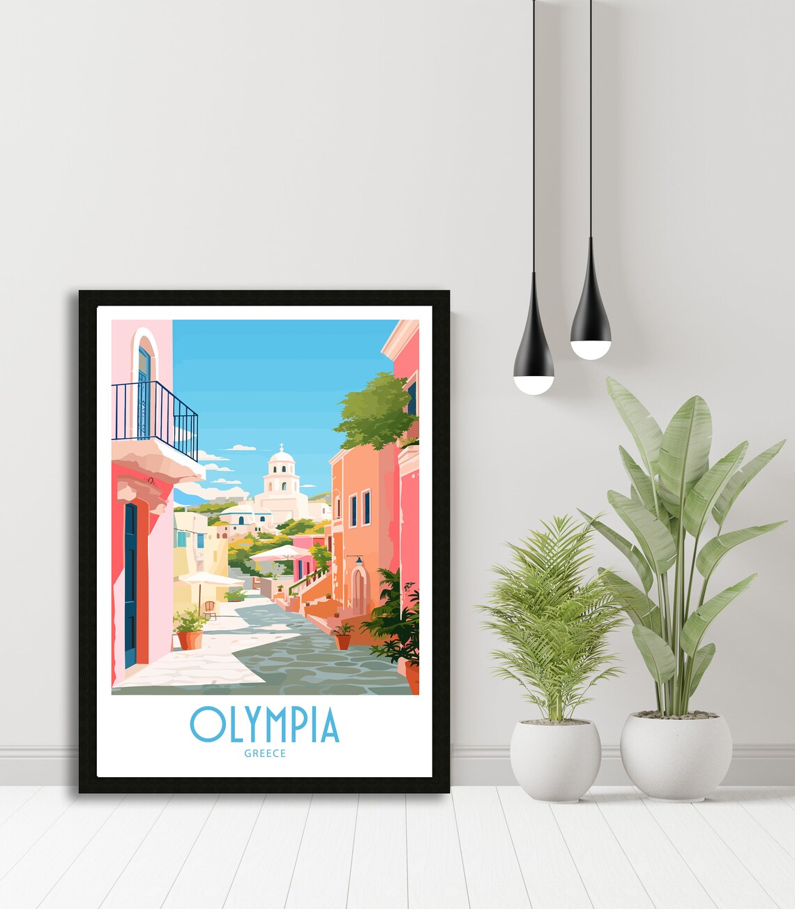 Olympia Greece Pink Street White Church Dome Sunny Village Art Poster - Image 5