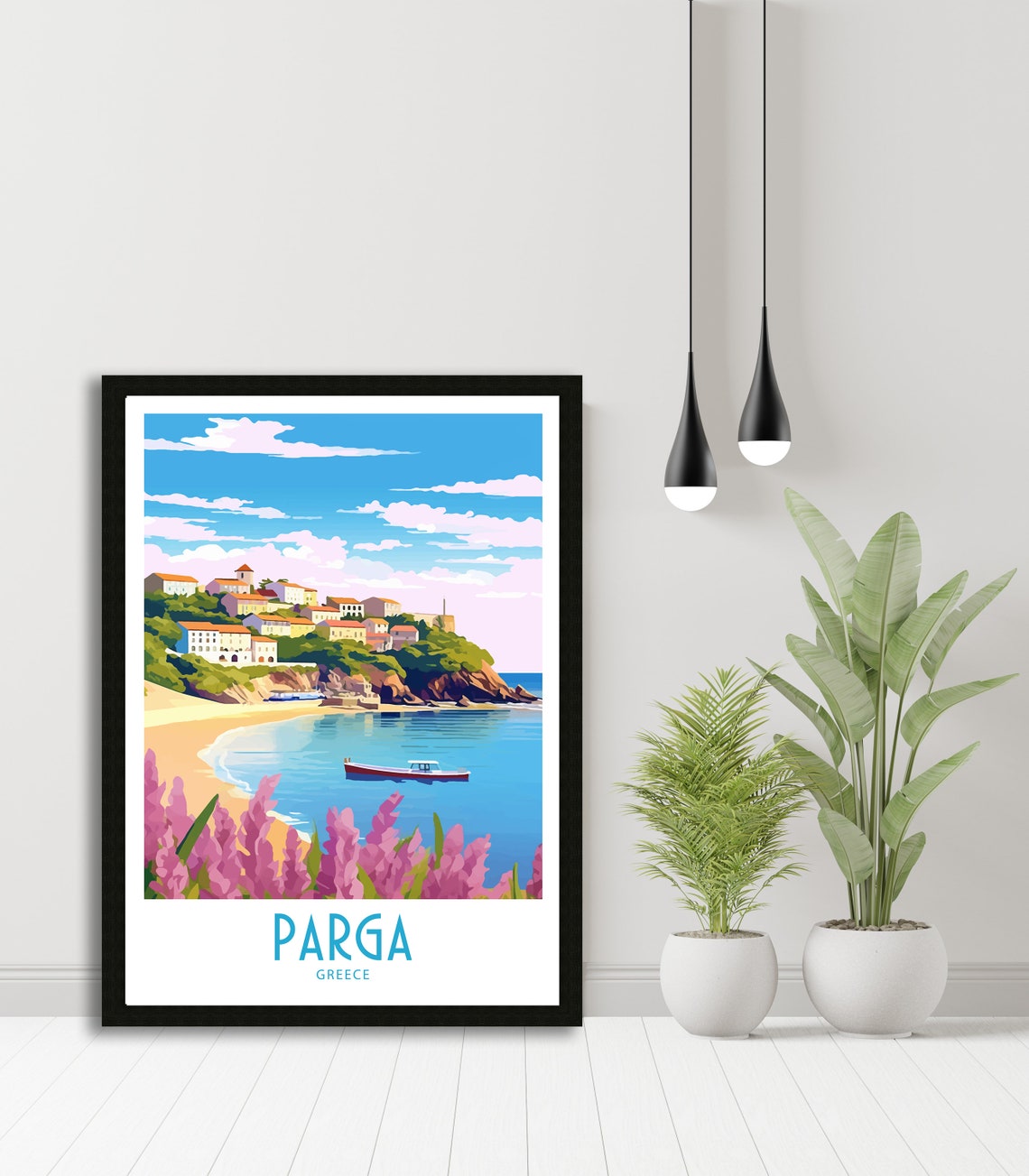 Parga Greece Sandy Beach Pink Flowers Hillside Town Travel Art Poster - Image 5