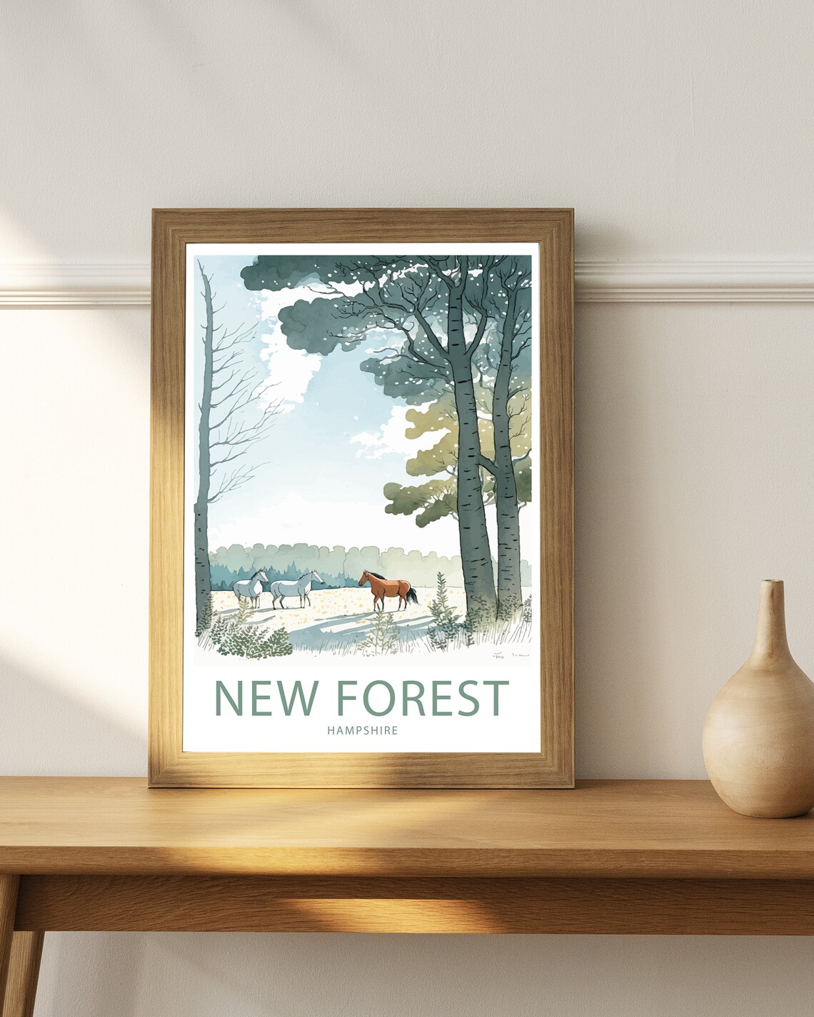 New Forest Hampshire Horses Woodland Watercolor Nature Scene Poster - Image 4