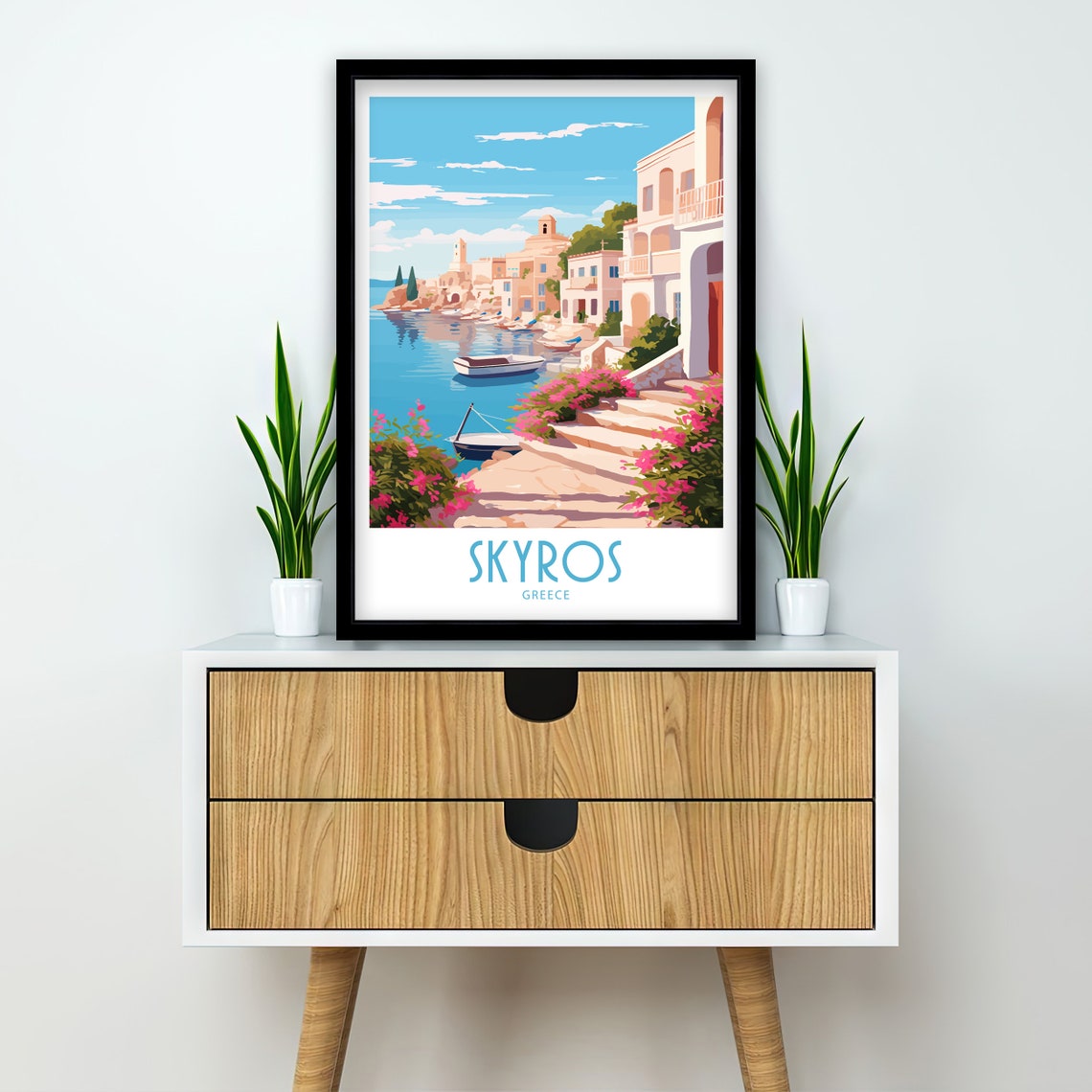 Skyros Greece Colorful Harbor Boats Pastel Waterfront Houses Poster - Image 2