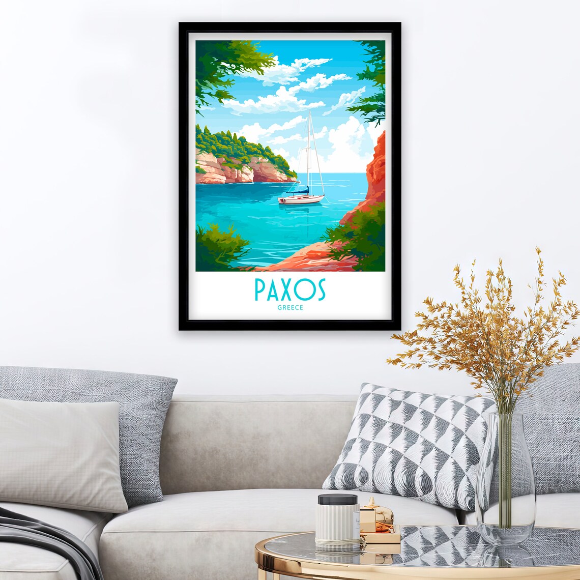 Paxos Greece Sailboat Cove Red Cliff Bay Turquoise Water View Poster - Image 3