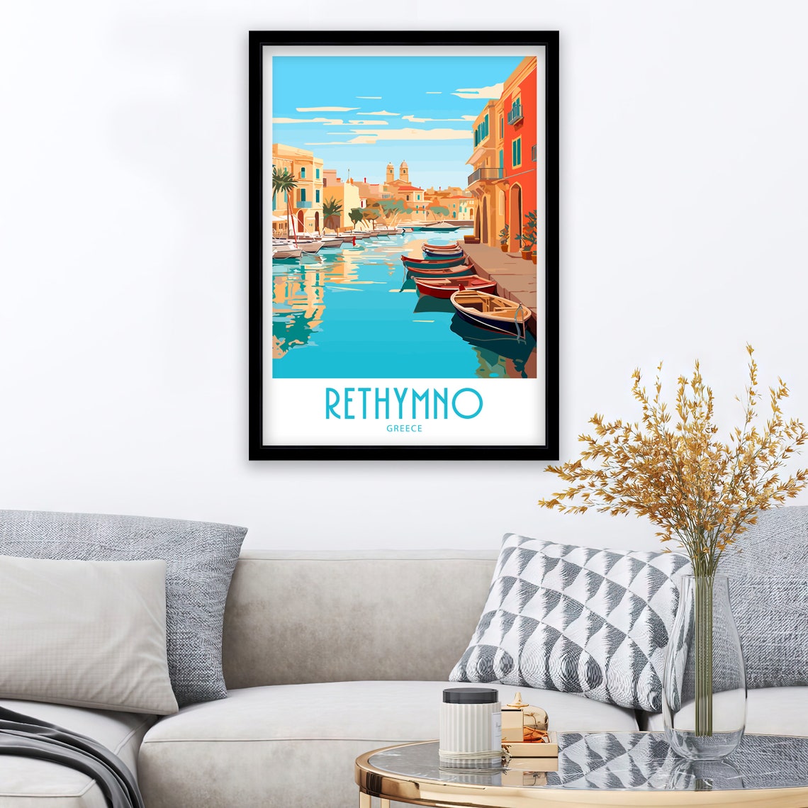 Rethymno Greece Old Harbor Fishing Boats Waterfront Houses View Poster - Image 3