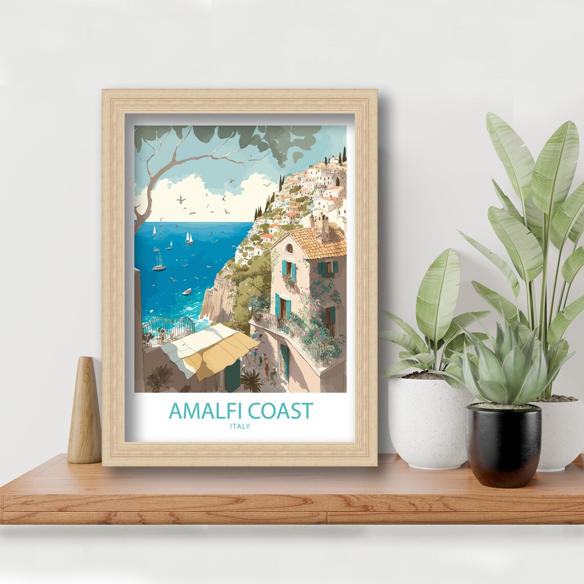 Amalfi Coast Italy Hillside Village Sailboats Watercolor Travel Poster - Image 5
