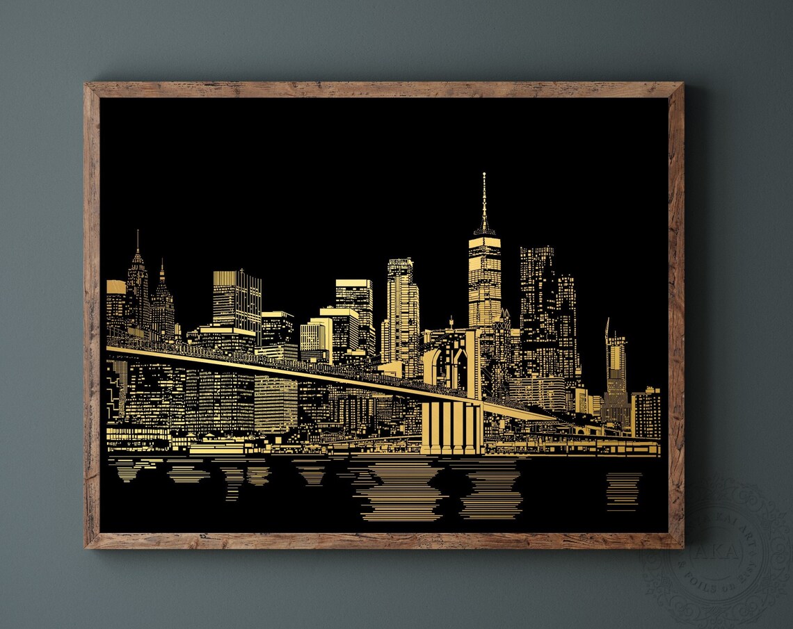 New York City Skyline Gold Foil Brooklyn Bridge Night Wall Art