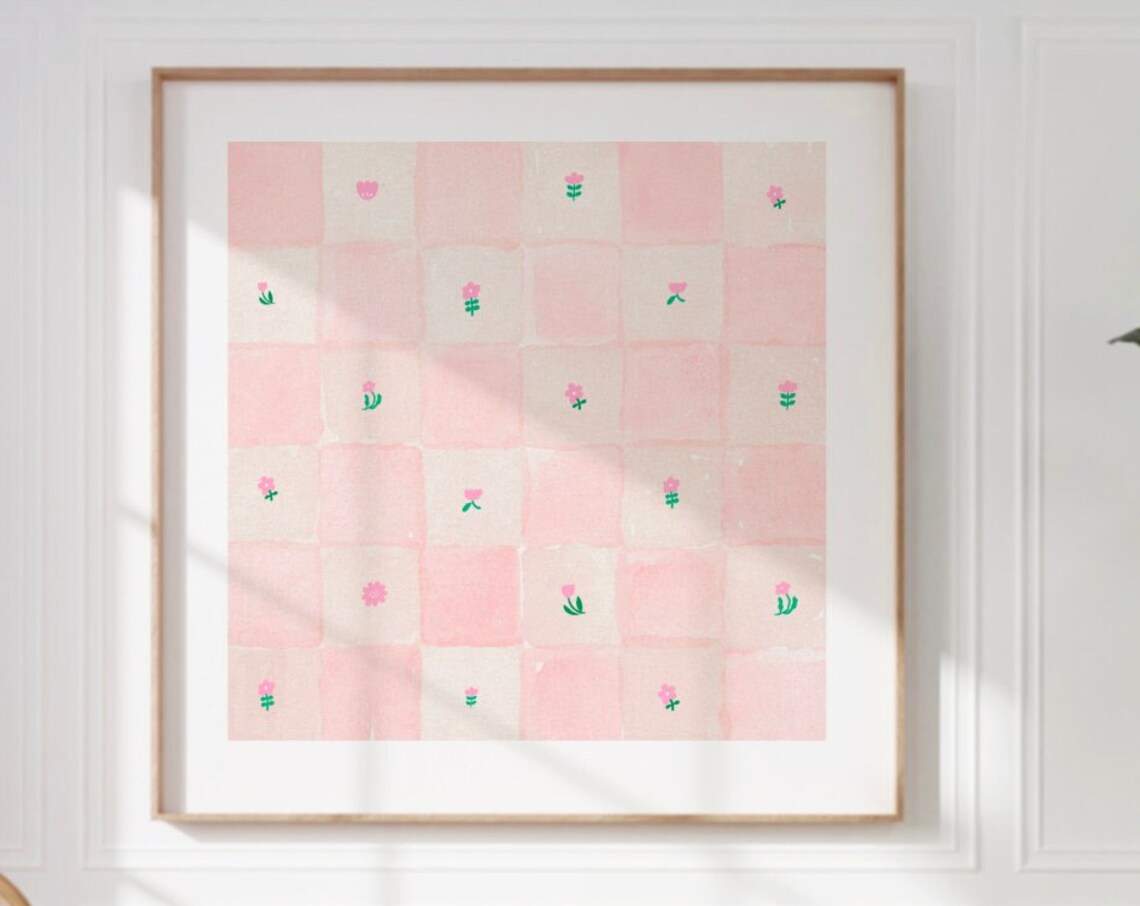 Pastel Pink Checkered Watercolor with Tiny Tulip Sprigs Square Poster