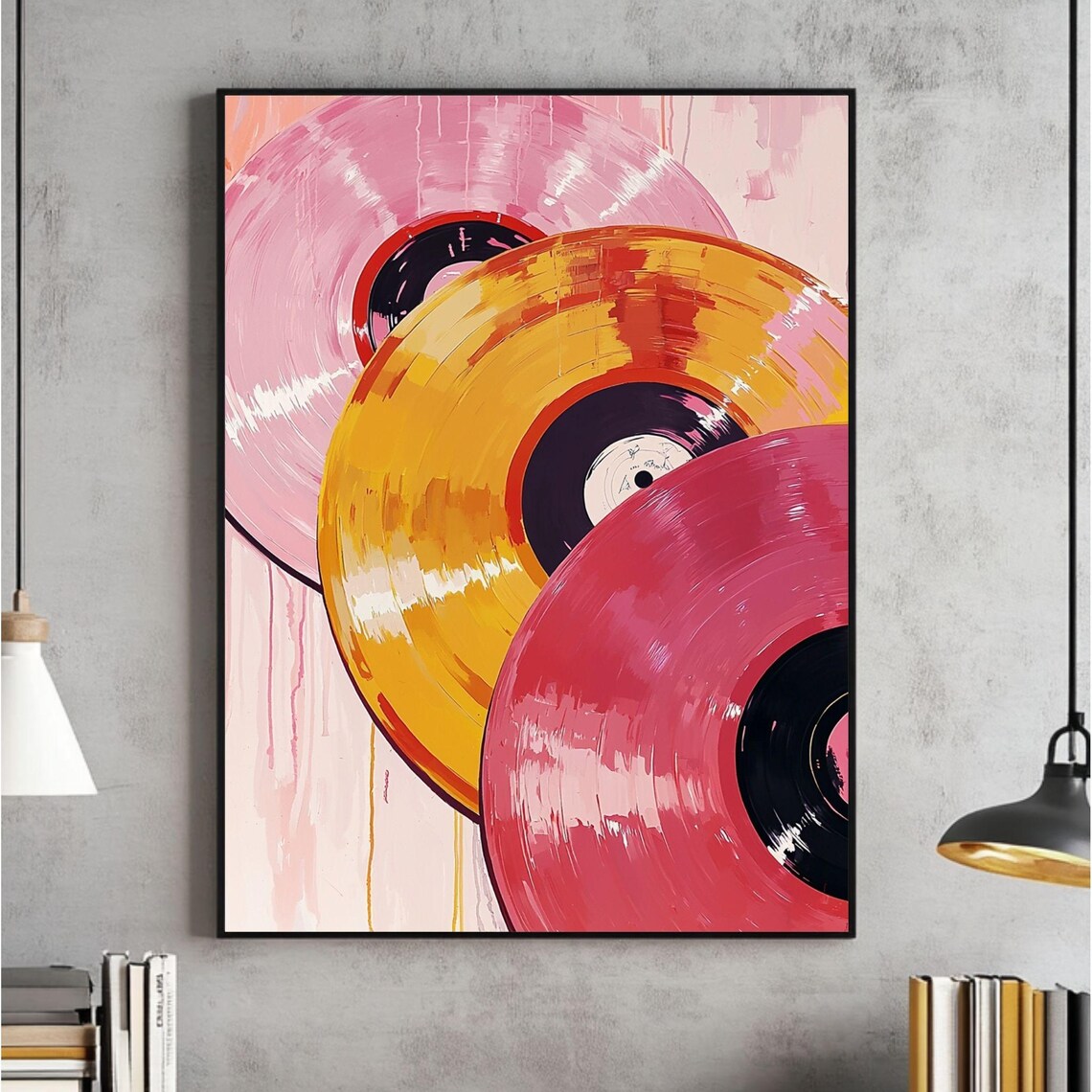 Pink and Orange Vinyl Records Retro Music Room Decor Wall Art