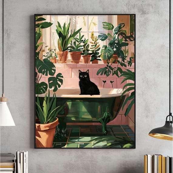 Bath Cat Funny Wall Art Orange Painting Poster Animal Print Bathtube In Bathroom Maximalist