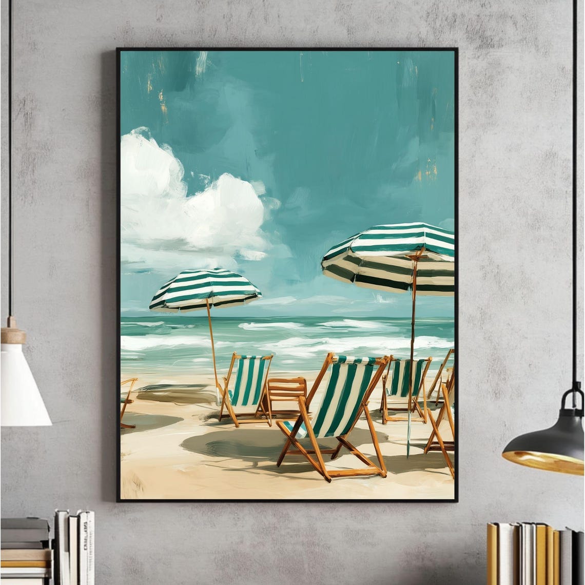 Vintage Beach Aerial Sage Blue Umbrella Wall Art Coastal Europe Club Poster Green Home Decor Print Girly French Riviera
