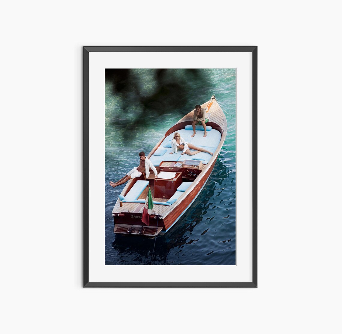 Wooden Motorboat Friends Lounging Turquoise Sea Aerial Photo Poster