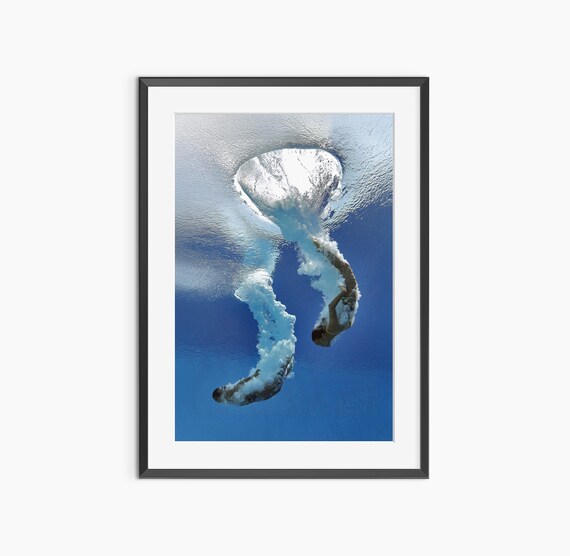 Synchronized Divers Underwater Dramatic Blue Photography Poster