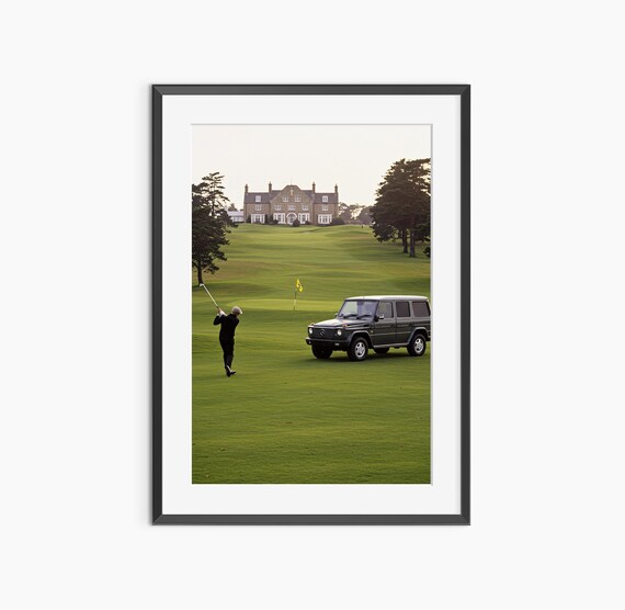 Golfer Mid Swing on Emerald Golf Course Vintage Mercedes Luxury Lifestyle Poster